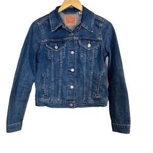 Levi’s Jean Jacket Dark Denim Trucker‎ Distressed Women’s Sz Medium